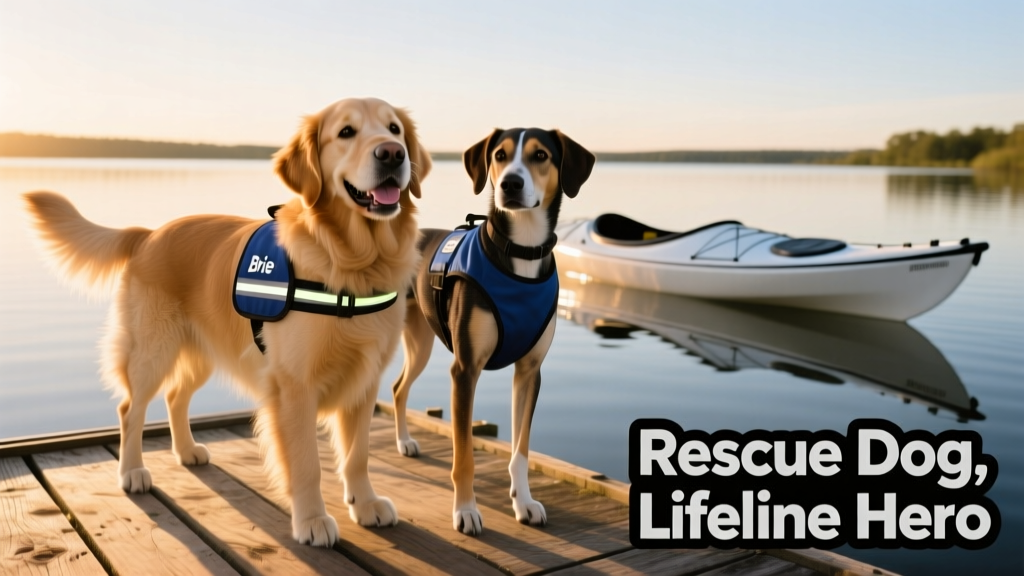 Brie and Kashmir smiling together on a sunlit dock, with a kayak in the background and Kashmir wearing a lightweight service vest