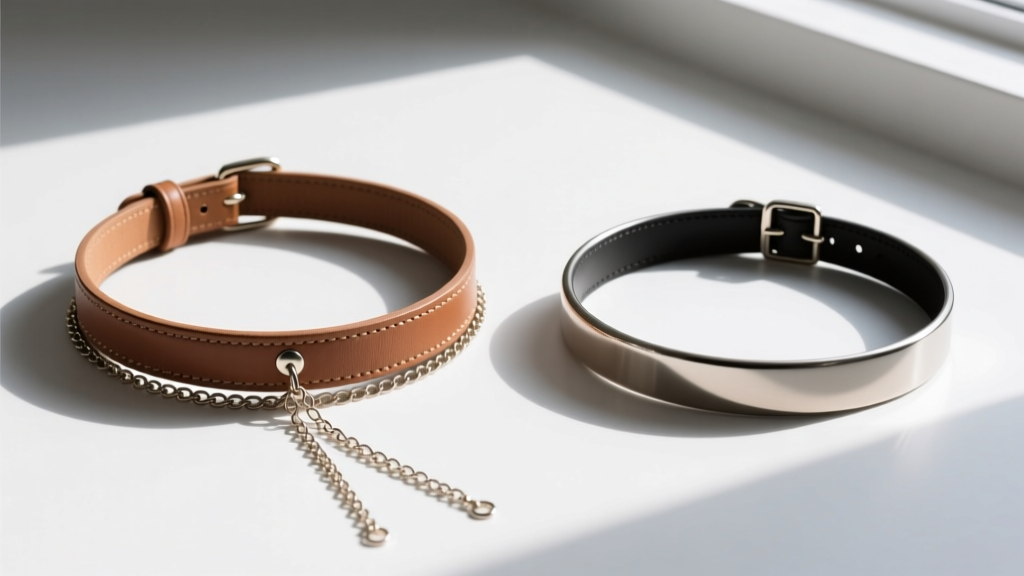 Flat lay comparison of a straight pet collar and contoured human choker, highlighting the curved ergonomic design and side chains