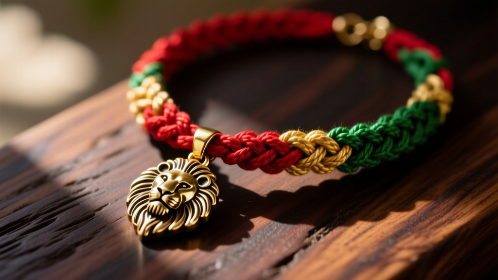 Vibrant red, gold, and green hemp macrame rastafarian necklace with a brass Lion of Judah pendant on a dark wooden surface.