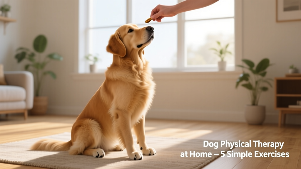 A golden retriever gently performing a sit-to-stand exercise with a treat held overhead