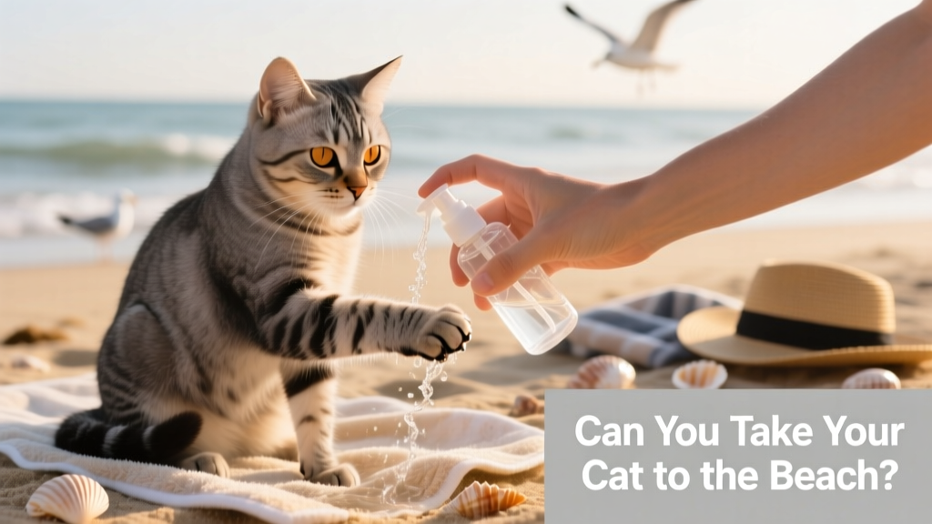 A gentle hand rinsing a cat's paws with fresh water from a portable spray bottle after an outdoor outing