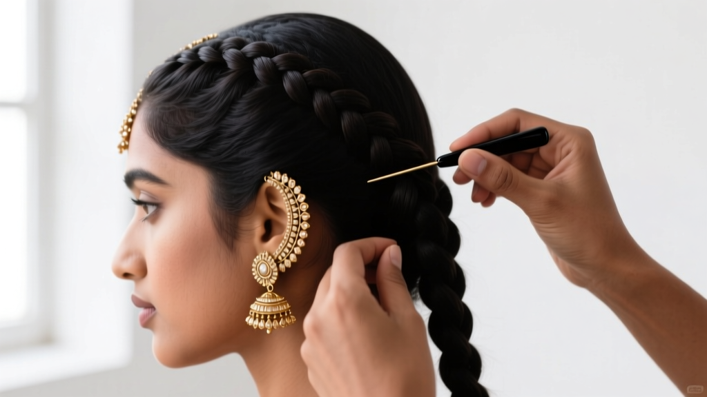 Stylist using a black bobby pin to secure the hook of a lightweight brass Maang Tikka to tightly braided dark hair at the crown