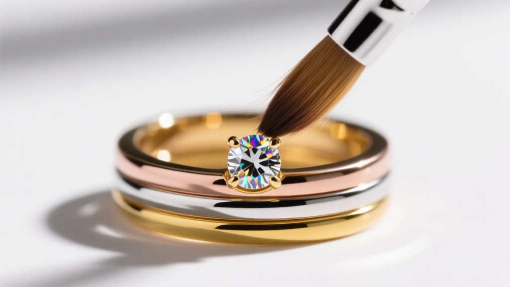 Macro shot of a soft brush gently scrubbing the underside of a diamond setting in an interlocking multi-metal gold ring
