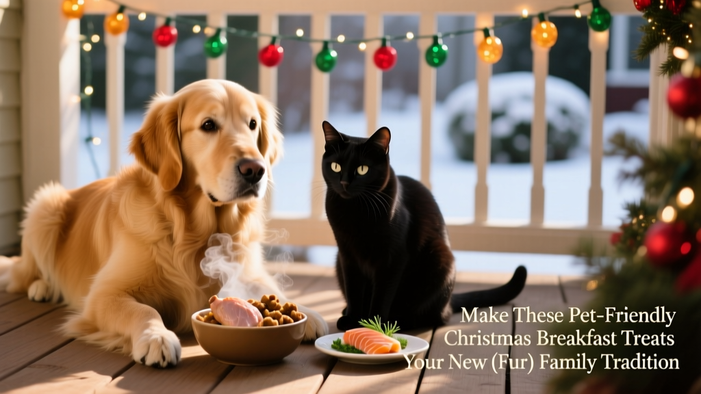 A happy dog and cat sitting side-by-side, each enjoying their respective holiday treat, with soft holiday lights in the background