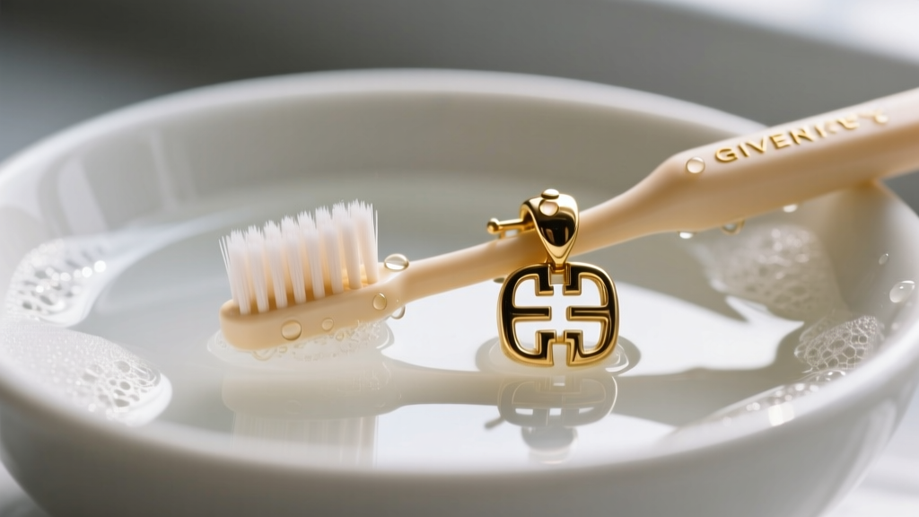 Soft baby toothbrush gently scrubbing tarnished gold-tone vintage Givenchy clip on earring over a ceramic bowl of soapy water