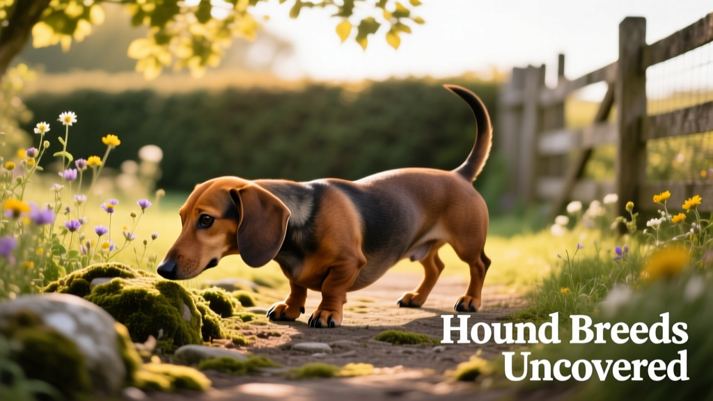 A playful Dachshund sniffing intently at a garden path, front paws slightly lowered, tail raised