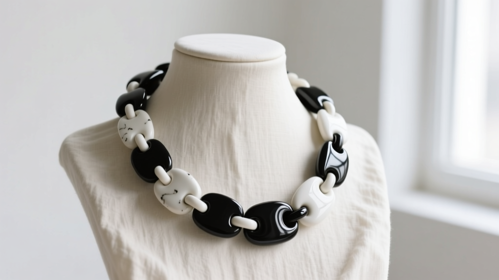 Studio photo of a black and white chunky necklace with matte ceramic and glossy acetate links on a neutral linen bust.