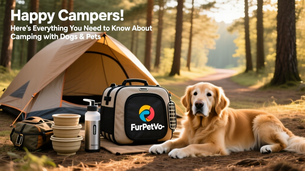 A neatly packed camping gear setup including a tent, collapsible bowls, a portable water filter, and a FurPetVo-branded pet carrier visible nearby