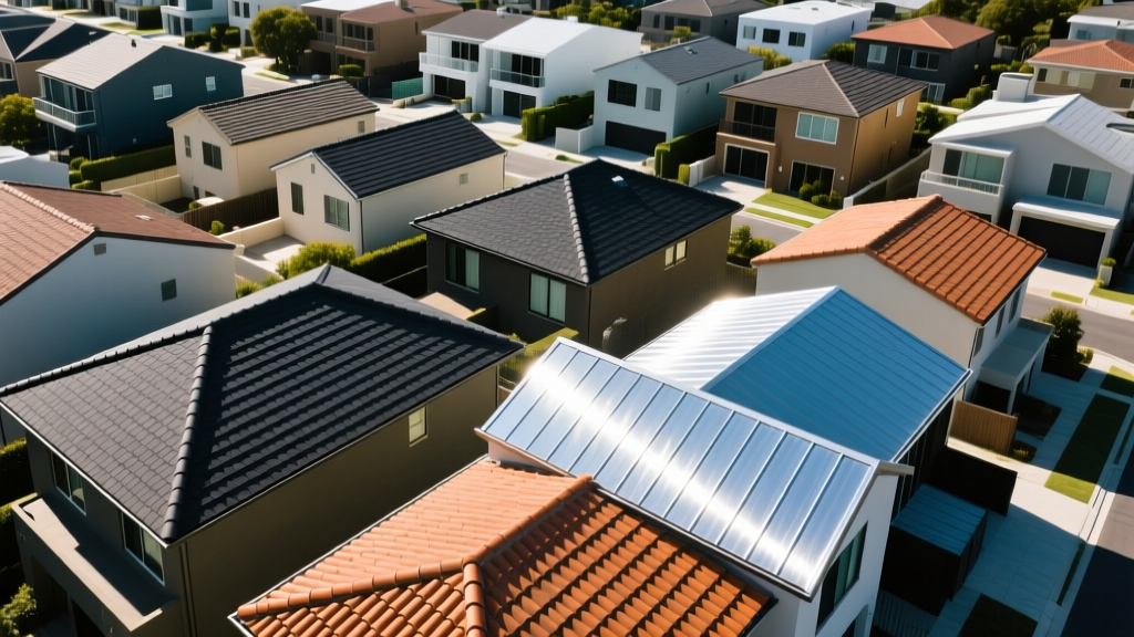 Aerial view of diverse residential roofs featuring dark architectural shingles, reflective standing seam metal, and terracotta clay tiles.