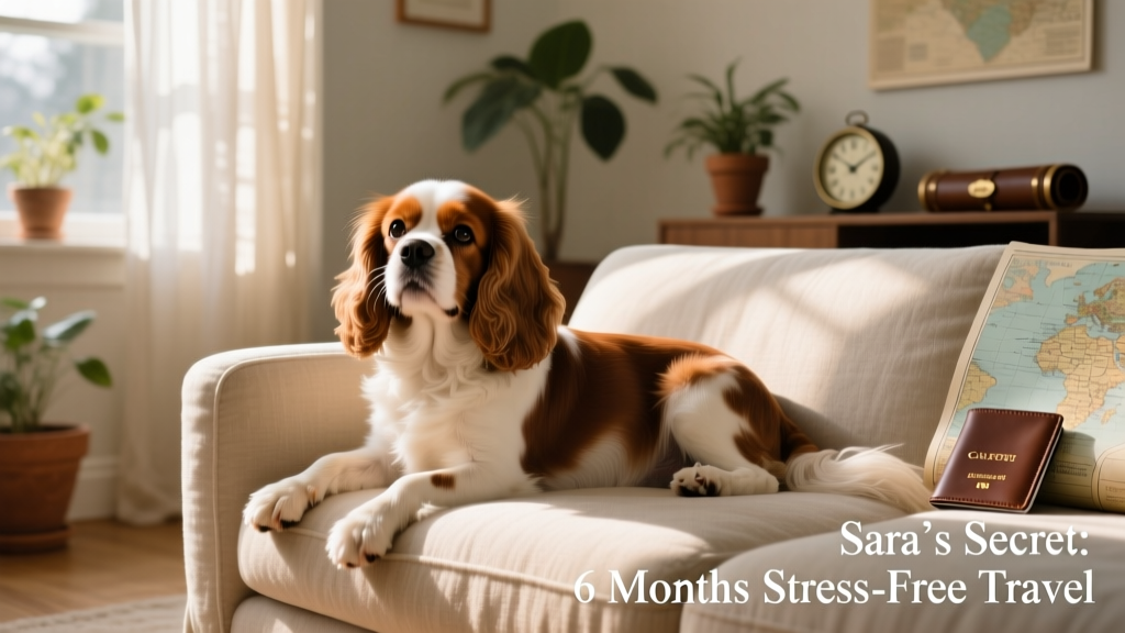 Cav Dog lounging comfortably on a sofa, looking relaxed and content