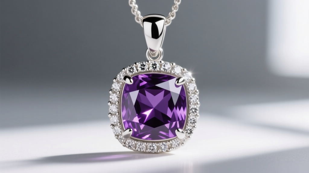 Close-up of a 14k white gold pendant featuring a 5-carat cushion-cut deep purple amethyst and diamond halo.