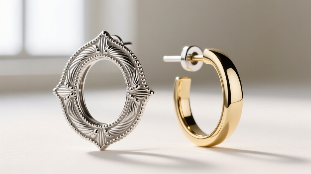 Macro photography comparing milgrain detailing on 950 platinum versus rhodium-plated 14k white gold Edwardian earring settings.