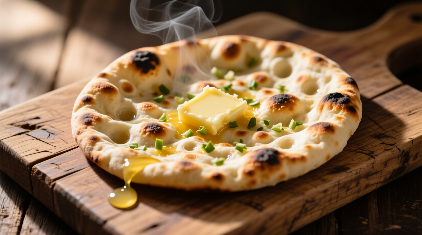 Freshly baked garlic naan on a wooden board