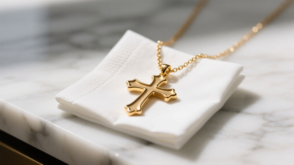 Worn gold vermeil cross necklace revealing brass undertones on edges beside a professional polishing cloth on a marble countertop