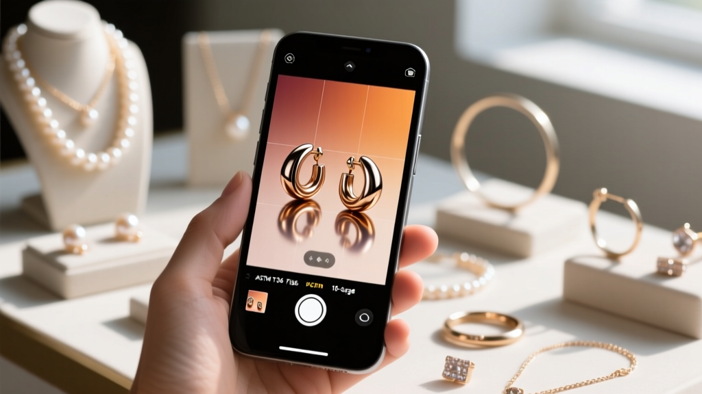 Smartphone displaying an earring filter menu for ASTM F136 Titanium and 16-gauge against a softly blurred jewelry backdrop.