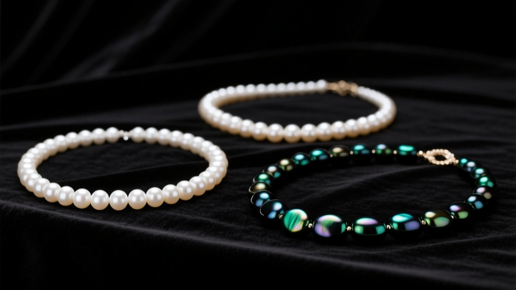 White Akoya choker, dark Tahitian strand, and baroque freshwater pearl necklace designs on black velvet under soft studio lights.