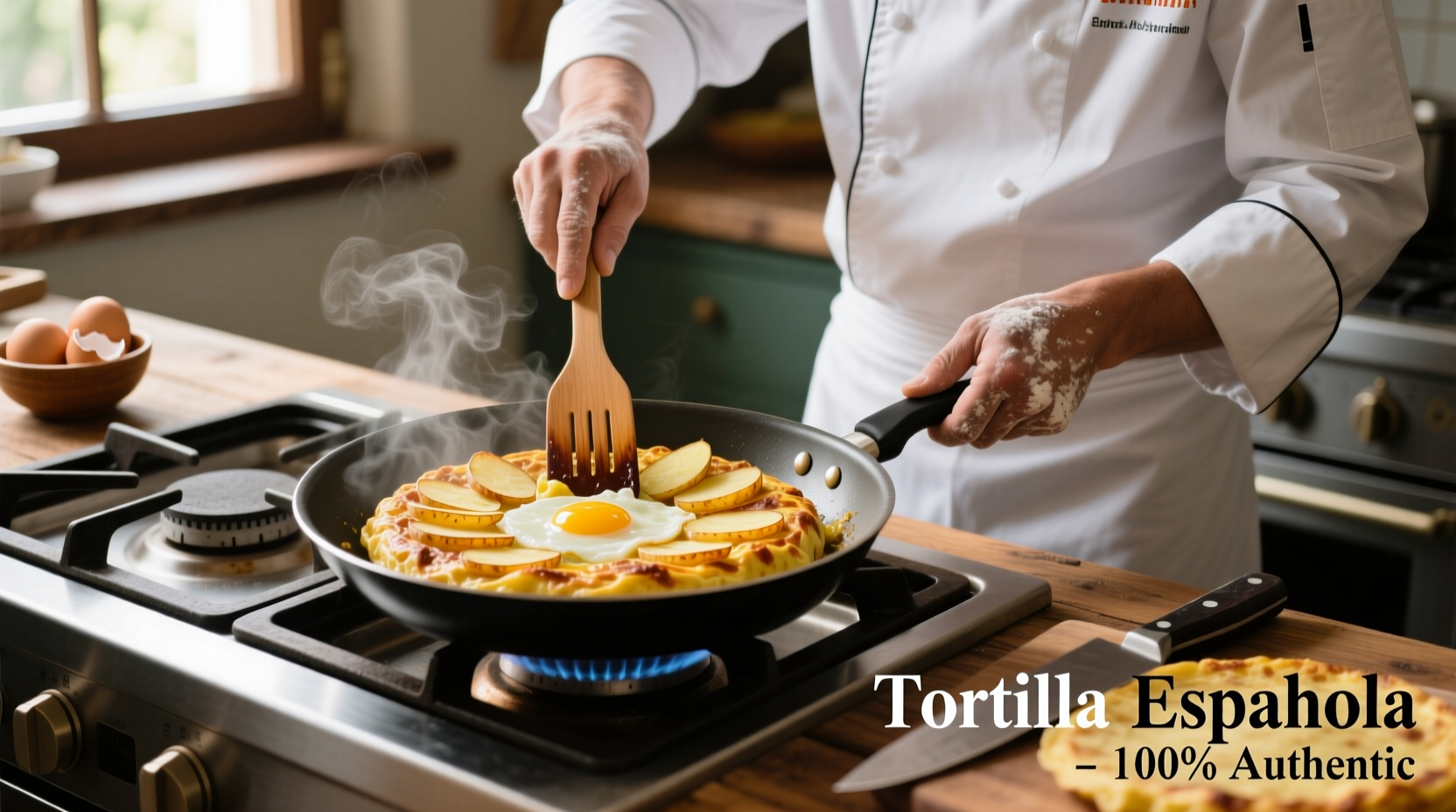 Chef preparing Spanish tortilla with potatoes and eggs