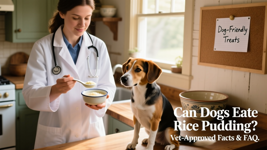 A vet holding a small spoon of plain rice pudding, demonstrating a safe portion size for a medium-sized dog