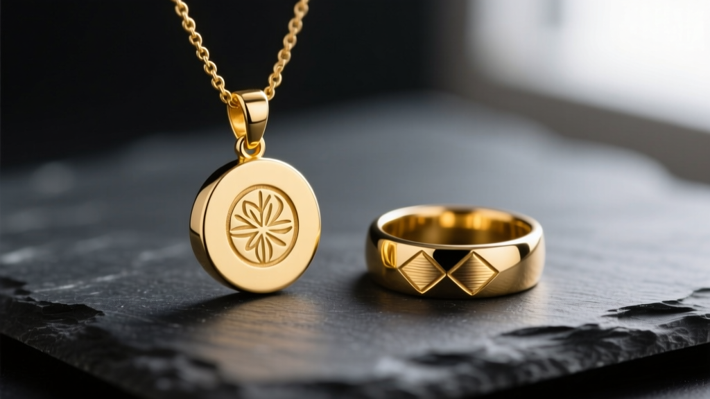 Macro shot of a 14k yellow gold pendant necklace beside a matching gold signet ring on dark slate, highlighting brushed textures.