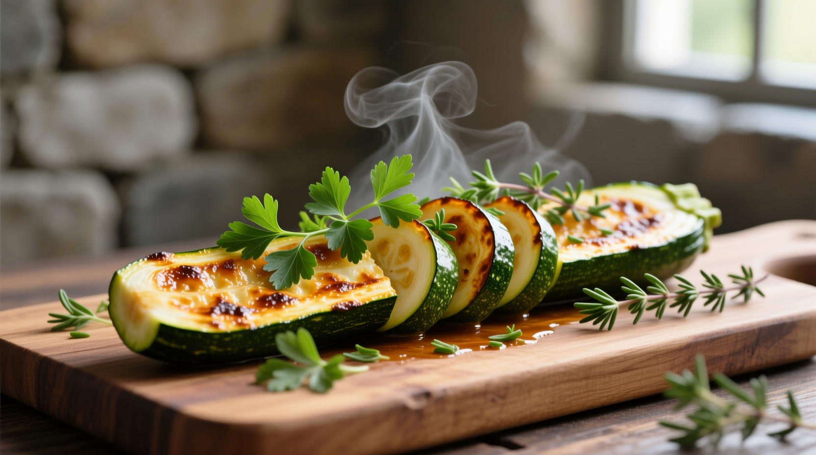Perfectly roasted zucchini with golden edges and herbs