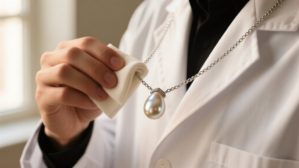 Jeweler gently wiping a half pearl half chain necklace with a microfiber cloth, carefully avoiding the porous pearls with liquid.