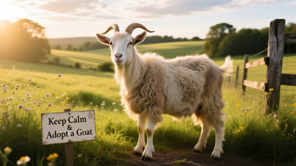 Whitson the goat greeting visitors at the edge of a sunny pasture with a friendly, curious expression