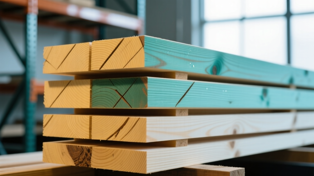 Close-up of pressure-treated Southern Yellow Pine lumber stacked with visible incising marks and green copper azole preservative tint