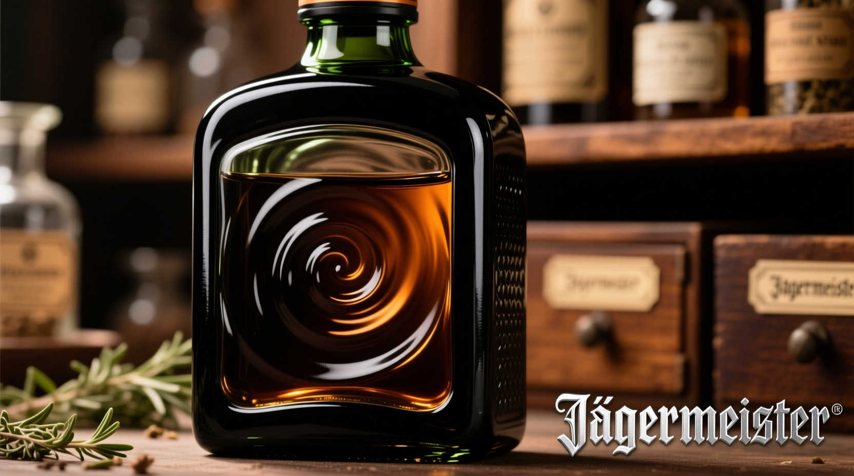 Close-up of Jägermeister bottle showing dark liquid