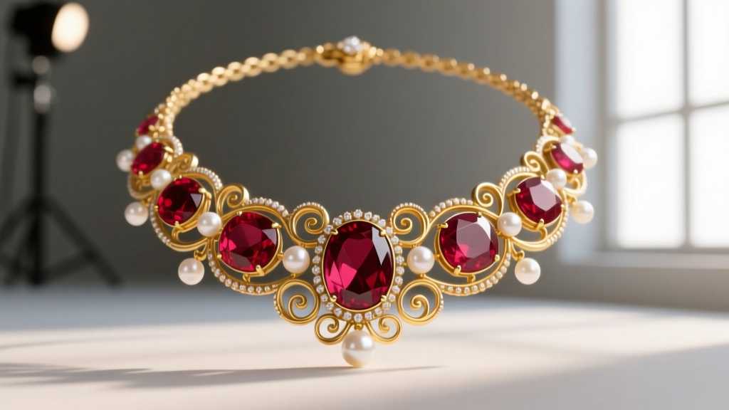 Close-up of a Victorian antique ruby necklace with oval-cut unheated Burmese rubies set in 18k yellow gold and pearl accents.