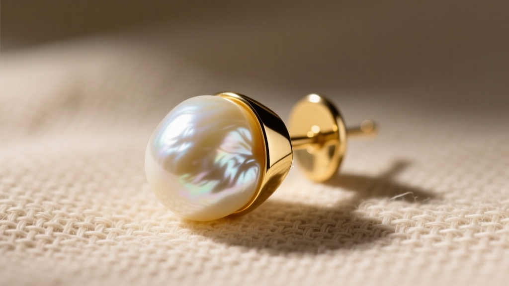 Macro shot of an asymmetric baroque pearl earring with a brushed gold cap on textured beige linen, highlighting organic shapes.
