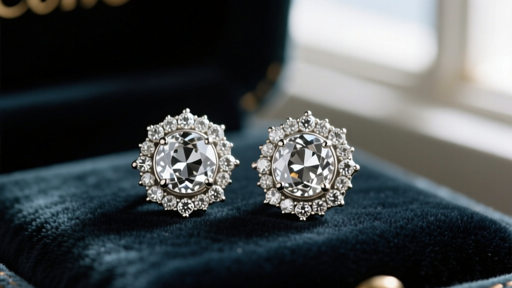 Macro shot of 1940s Coro vintage earrings featuring clear rhinestones and sterling silver vermeil resting on dark crushed velvet.