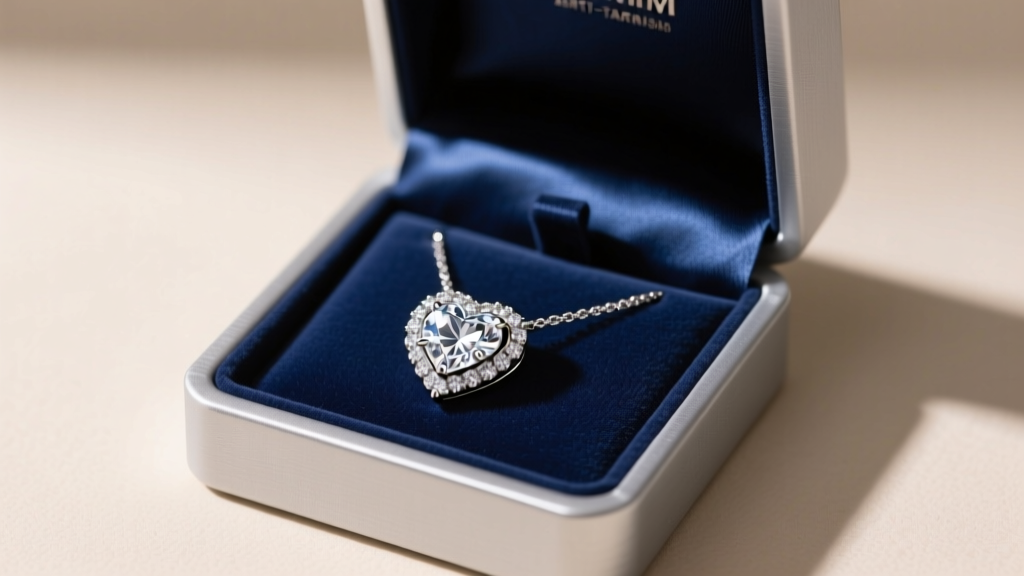 Open anti-tarnish jewelry box showing a diamond-studded real heart necklace safely secured in a dedicated silk-lined compartment.