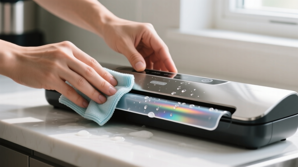 Close-up of hands cleaning the silicone gasket seal of a countertop vacuum sealer with a damp microfiber cloth and mild soap