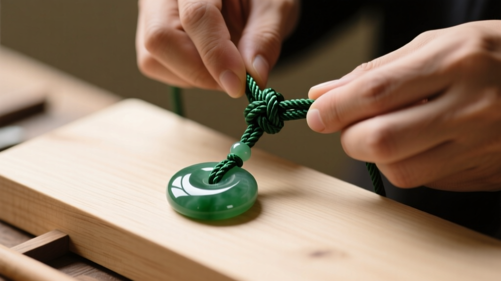 Close-up of hands tying a sliding square knot on dark green nylon cord, with a polished jade pendant resting on a wooden workbench.