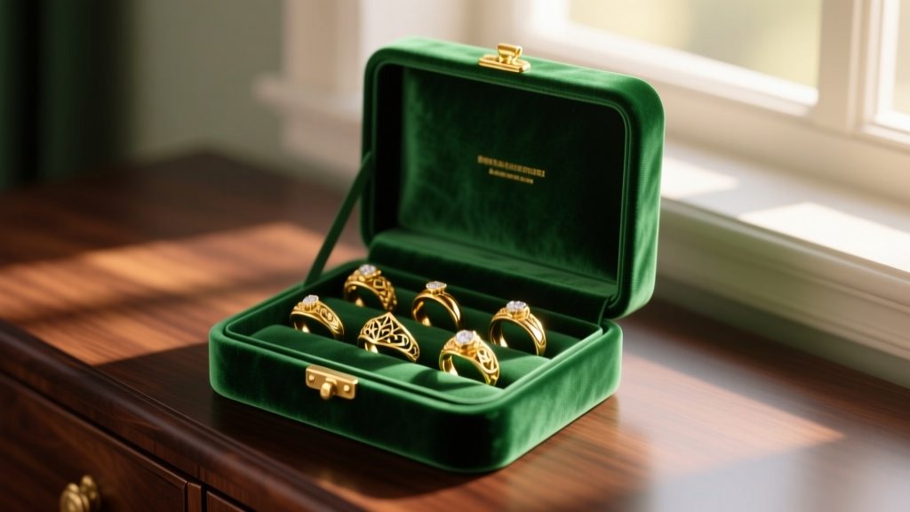 Open emerald green velvet lined jewelry box on a dark oak dresser, softly illuminated by warm morning light, revealing gold rings.