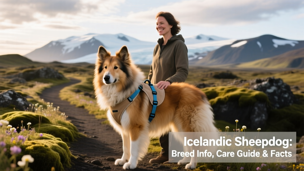 An adult Icelandic Sheepdog standing proudly beside its owner on a hiking trail, both wearing lightweight harnesses and looking relaxed and connected