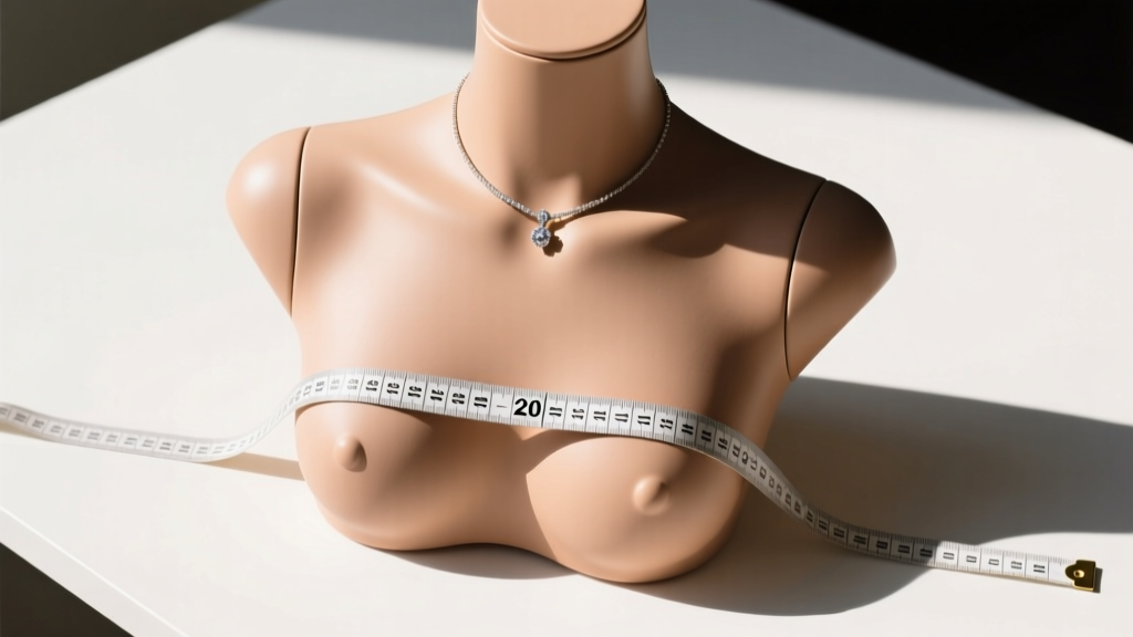 Overhead view of measuring tape on mannequin bust demonstrating precise areola diameter measurement for non-piercing jewelry fitting.