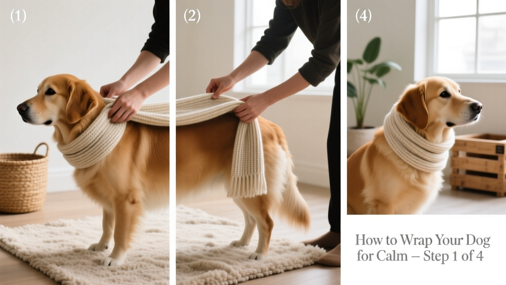 Step-by-step illustration showing how to wrap a dog using a scarf