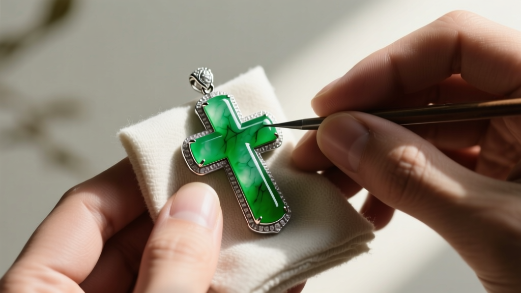 Hands polishing a bright green jade cross pendant with a microfiber cloth, carefully avoiding the delicate silver bezel setting.