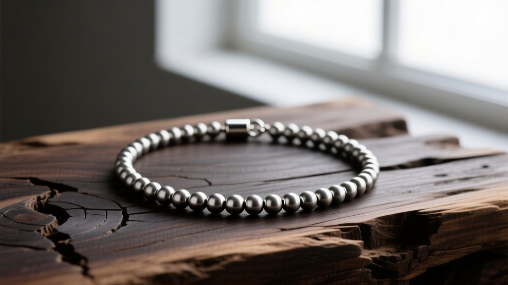 Minimalist Grade 5 titanium bead necklace with a matte brushed finish and secure magnetic clasp on a rugged dark wooden surface