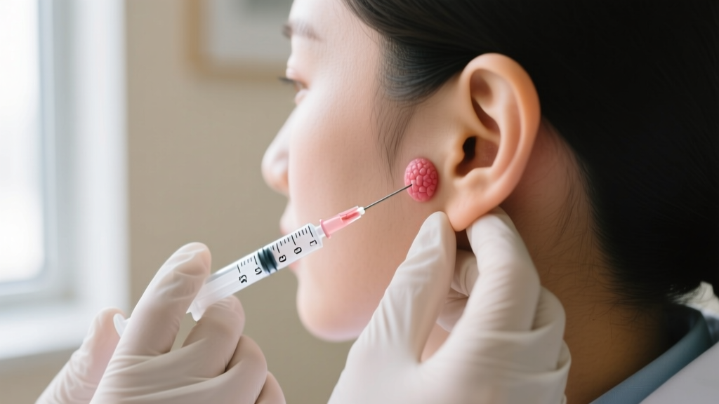 Dermatologist administering a localized corticosteroid injection into a small earlobe keloid using a fine 30-gauge medical needle