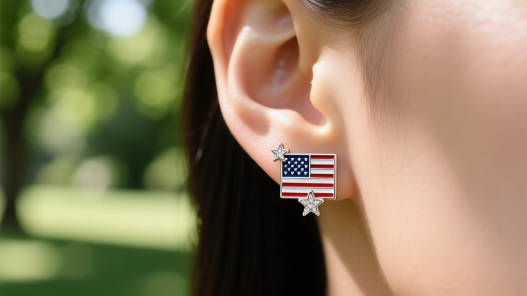 Close-up of an earlobe wearing sterling silver US flag enamel stud earrings, soft sunlight, blurred green outdoor background.