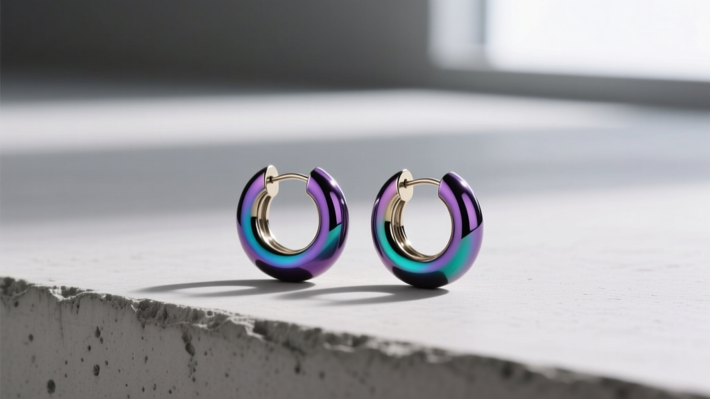 16-gauge anodized titanium huggie earring in shifting violet and teal colors resting on a smooth minimalist concrete surface