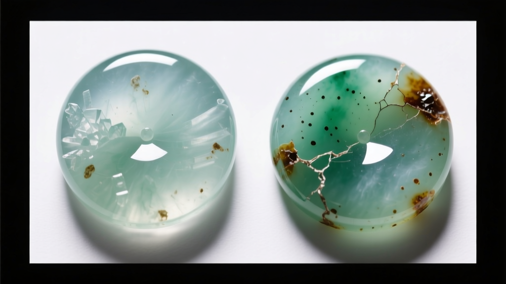 Macro view of untreated Type A jadeite next to polymer-impregnated Type B jade, revealing surface pitting under gemological light