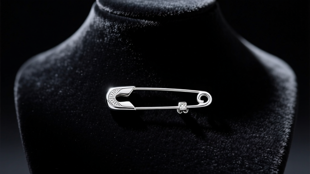 Polished 925 sterling silver safety pin pendant resting on a black velvet jewelry bust under dramatic, moody studio lighting.