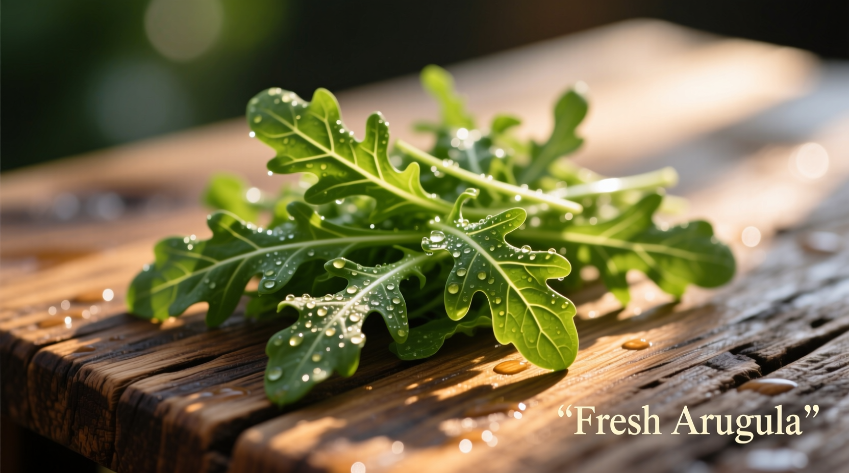Close-up of fresh arugula leaves on wooden table