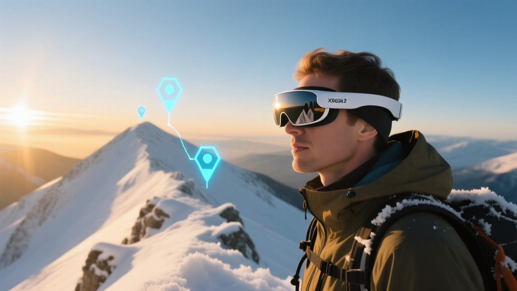 A hiker wearing XREAL Air 2 Ultra AR glasses navigating a snowy alpine ridge with digital waypoints overlaid on the horizon.