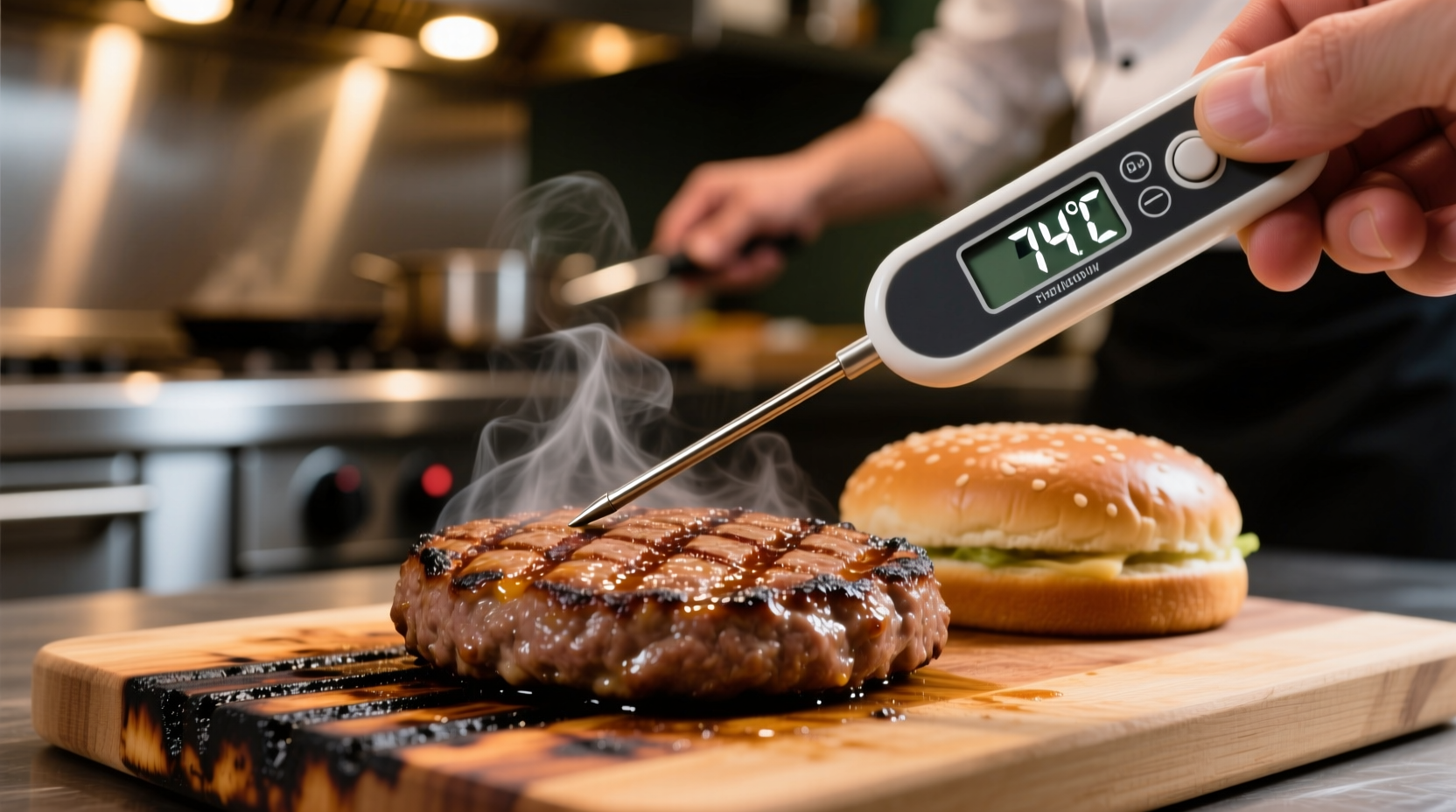 Digital thermometer measuring hamburger internal temperature