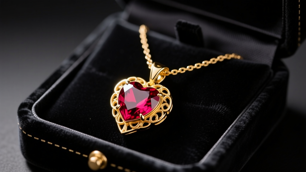 A luxurious 18k yellow gold necklace with a ruby red heart pendant resting on a dark velvet jewelry box, soft romantic lighting.