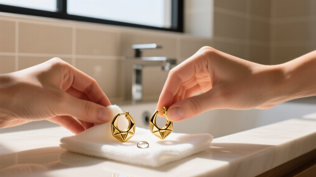 Hands cleaning gold PVD-coated Vitaly huggie earrings with a microfiber cloth and soapy distilled water in a bright bathroom